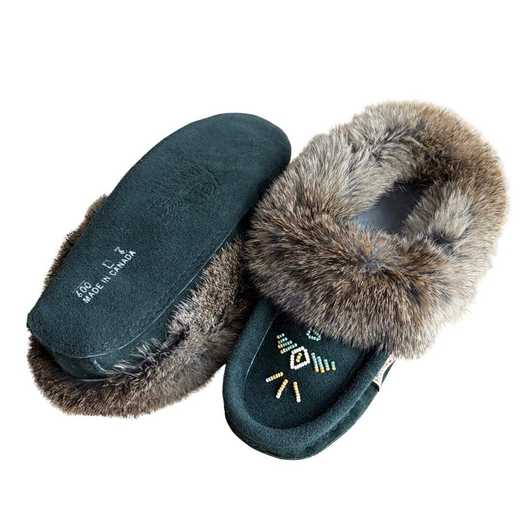 Laurentian Chief Ladies Fur Trimmed Moccasins Thunderbird Beaded Pattern