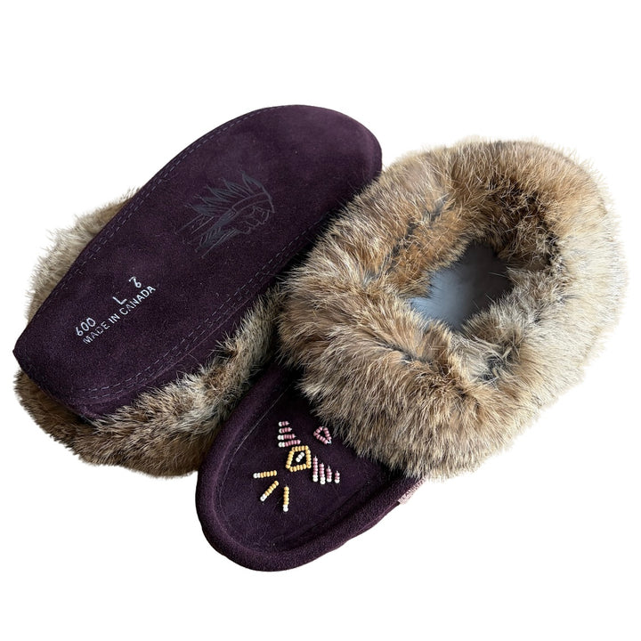 Laurentian Chief Ladies Fur Trimmed Moccasins Thunderbird Beaded Pattern