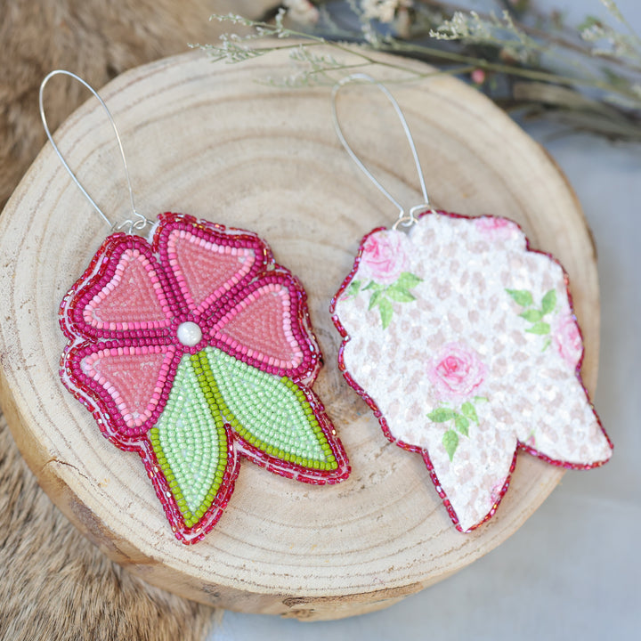 Jess S. Large Dark Pink Floral Beaded Earrings