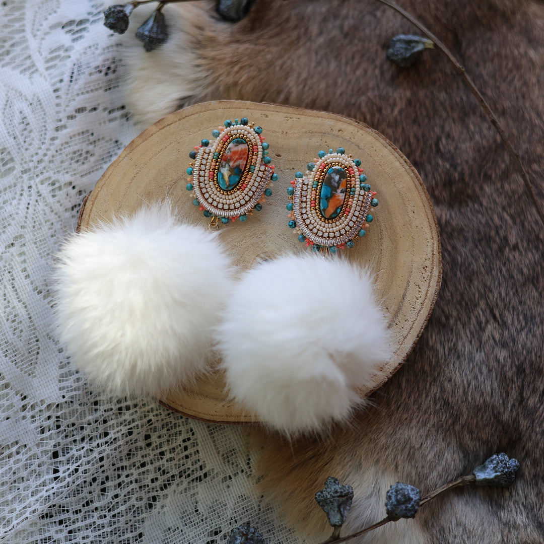 Prairie Sage Beadwork Mojave Copper Turquoise &amp; Rabbit Fur Beaded Earrings