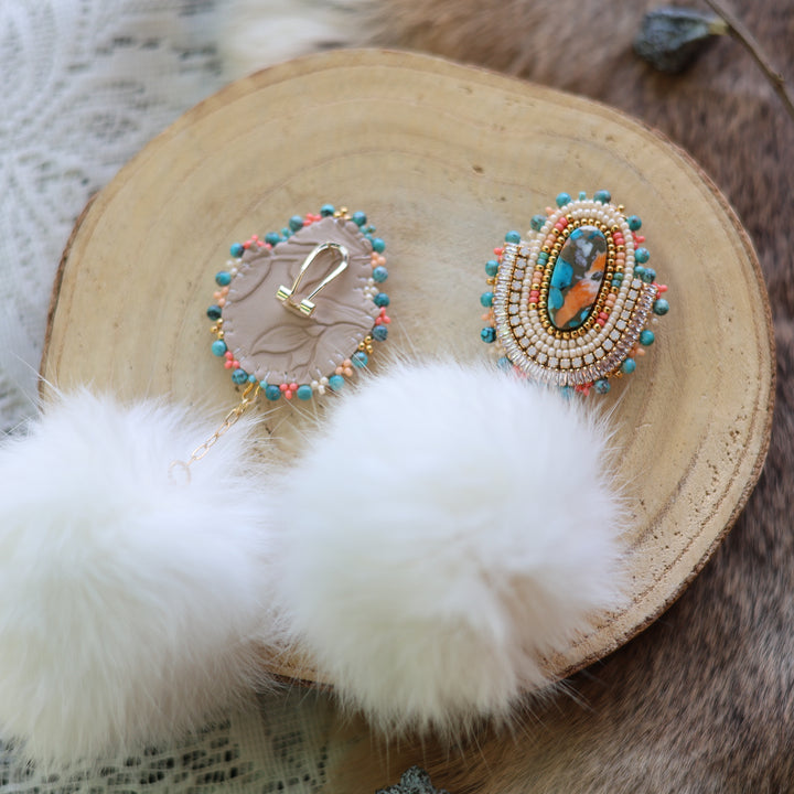 Prairie Sage Beadwork Mojave Copper Turquoise &amp; Rabbit Fur Beaded Earrings