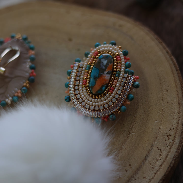 Prairie Sage Beadwork Mojave Copper Turquoise &amp; Rabbit Fur Beaded Earrings