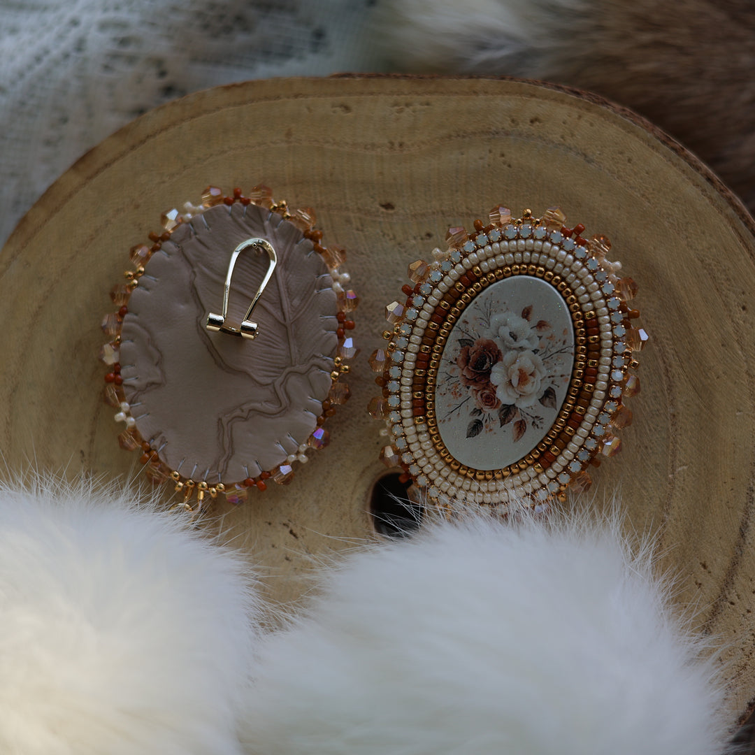 Prairie Sage Beadwork Champagne Floral with Rabbit Fur Beaded Earrings
