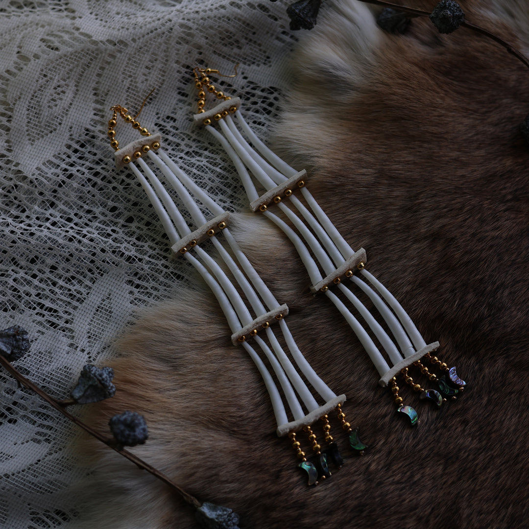 Prairie Sage Beadwork 3 Tier Abalone &amp; Stacked Dentallium Earrings