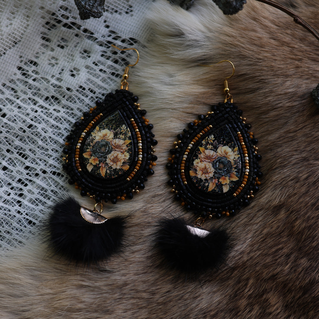 Prairie Sage Beadwork Black Floral with Mink Fur Beaded Earrings