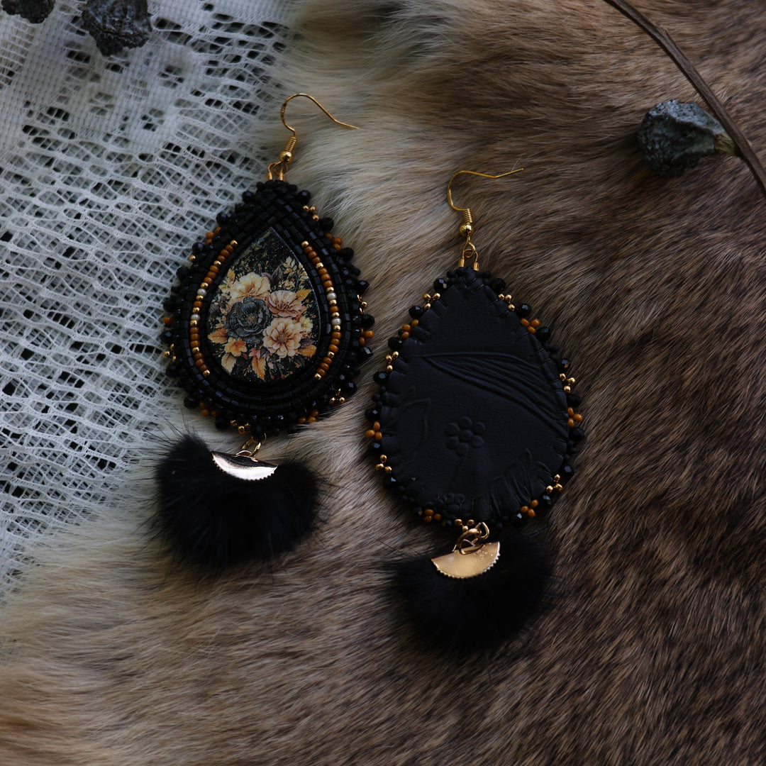 Prairie Sage Beadwork Black Floral with Mink Fur Beaded Earrings