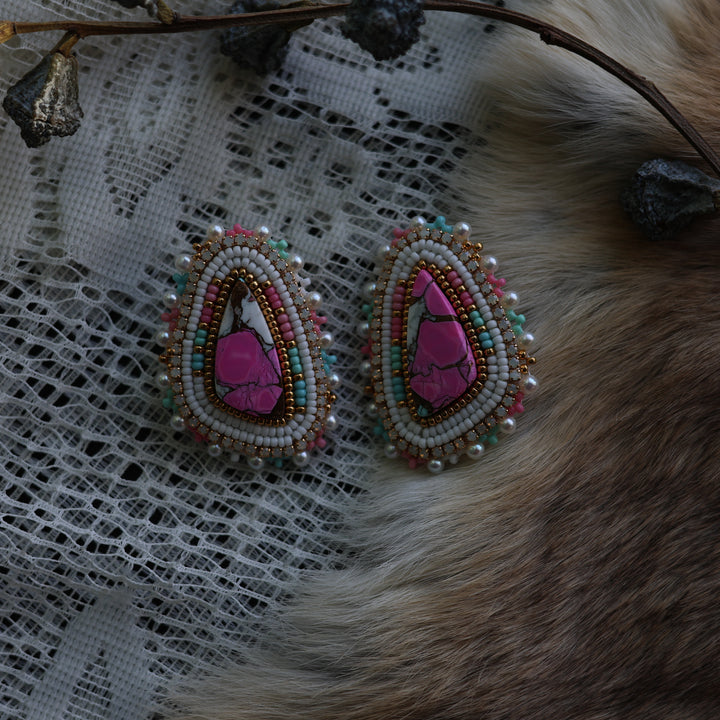 Prairie Sage Beadwork Pink Turquoise Beaded Earrings