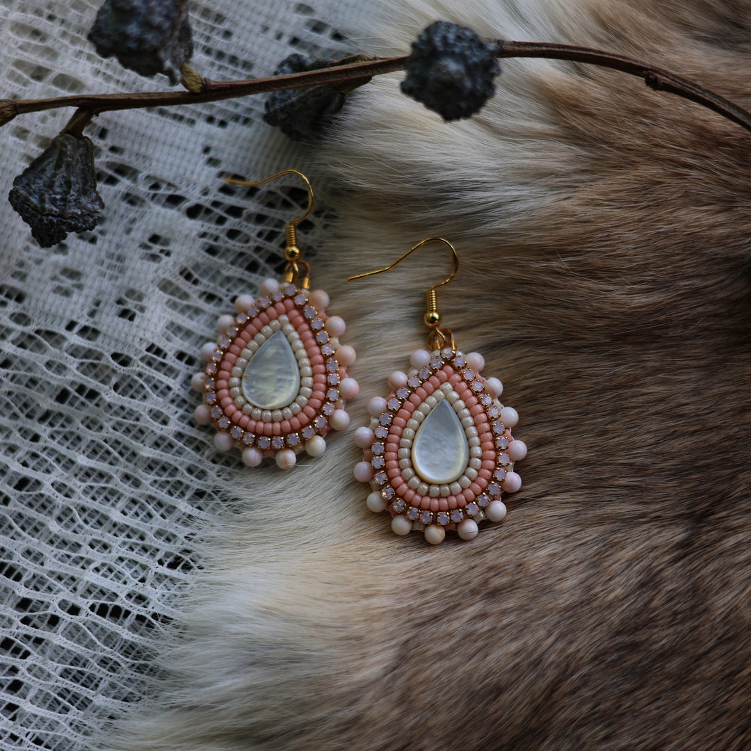Prairie Sage Beadwork Mini Pink Mother of Pearl Teardrop Beaded Earrings