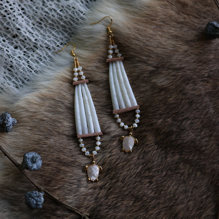 Prairie Sage Beadwork Mother of Pearl &amp; Cat Eye Stacked Dentalium Earrings