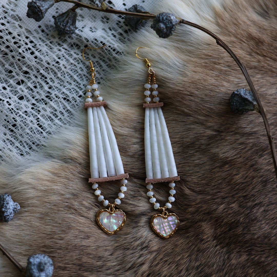 Prairie Sage Beadwork Mother of Pearl &amp; Cat Eye Stacked Dentalium Earrings