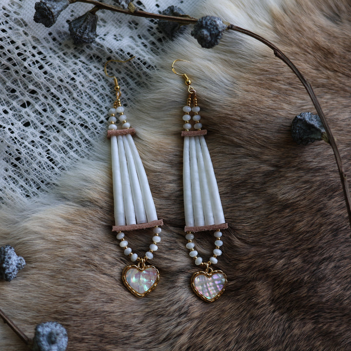 Prairie Sage Beadwork Mother of Pearl &amp; Cat Eye Stacked Dentalium Earrings