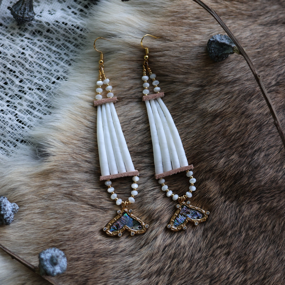 Prairie Sage Beadwork Abalone &amp; Cat Eye Stacked Dentallium Earrings