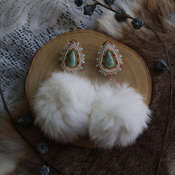 Prairie Sage Beadwork Amazonite &amp; Rabbit Fur Drop Earrings