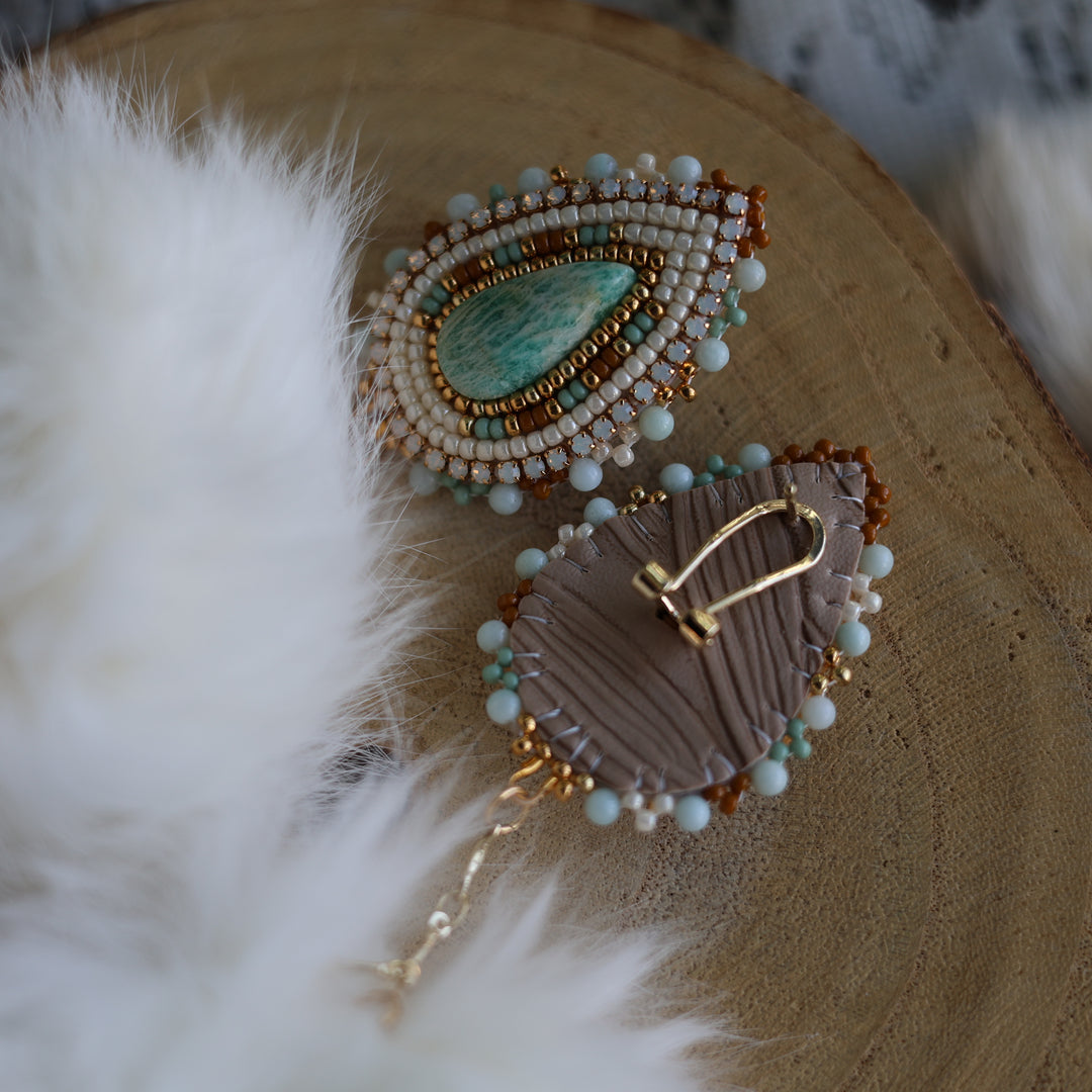 Prairie Sage Beadwork Amazonite &amp; Rabbit Fur Drop Earrings