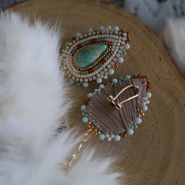 Prairie Sage Beadwork Amazonite &amp; Rabbit Fur Drop Earrings