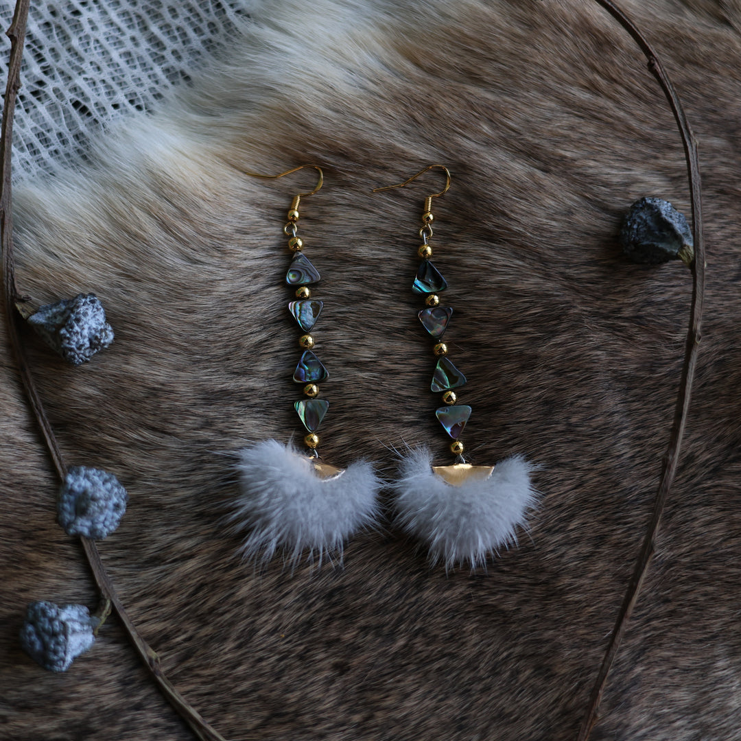 Prairie Sage Beadwork Triangle Abalone &amp; Mink Fur Drop Earrings