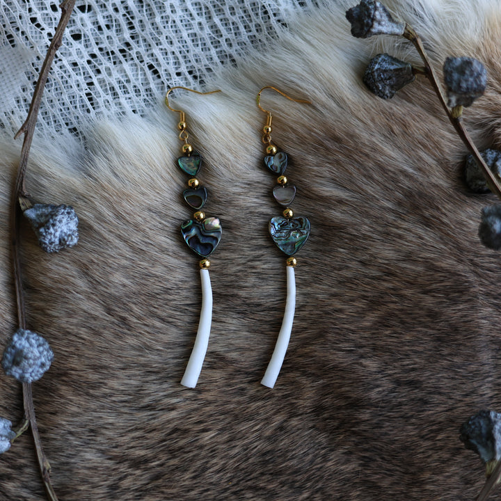 Prairie Sage Beadwork Single Dentalium &amp; Abalone Earrings