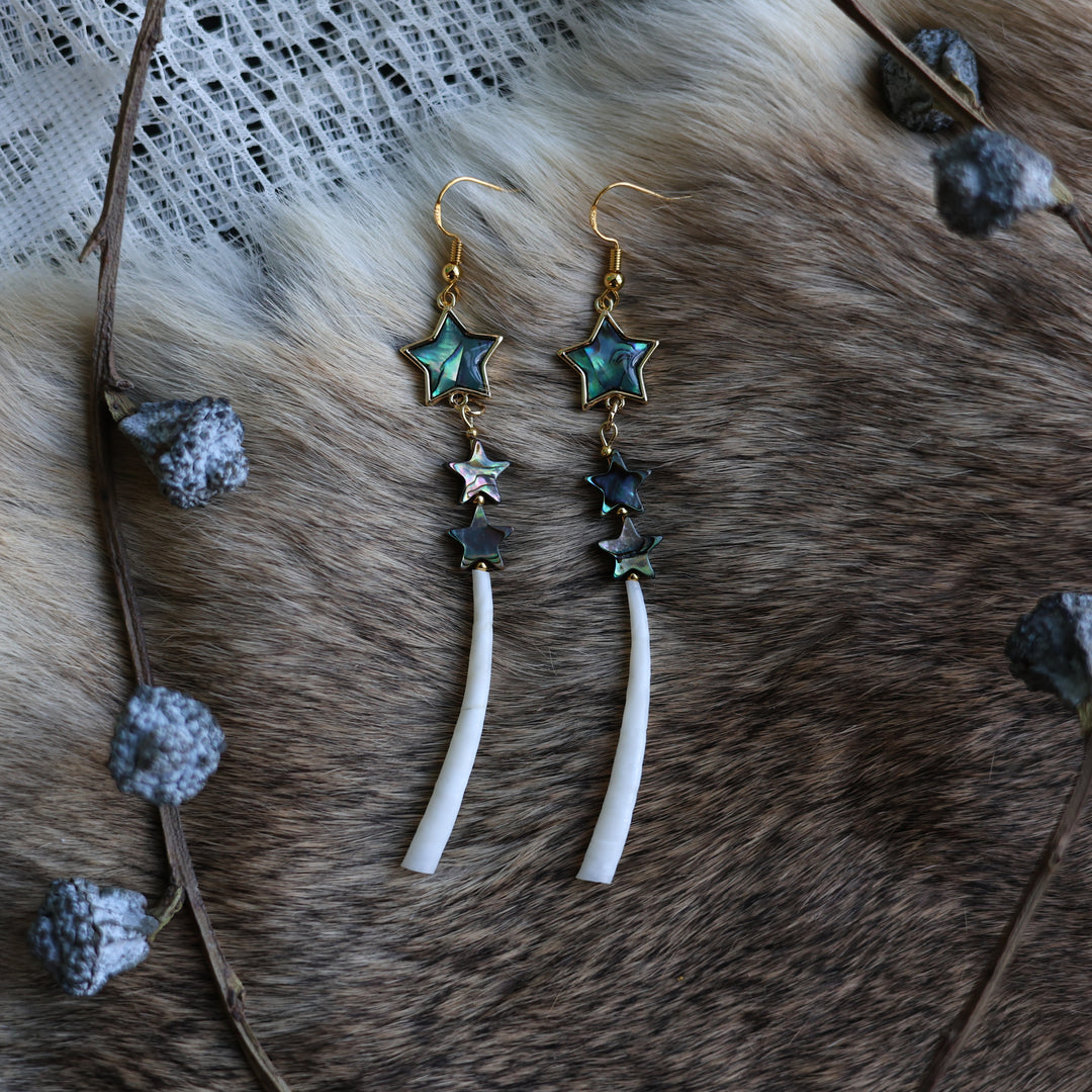 Prairie Sage Beadwork Single Dentalium &amp; Abalone Earrings