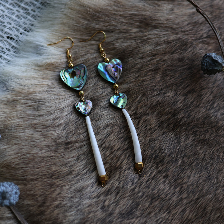 Prairie Sage Beadwork Single Dentalium &amp; Abalone Earrings