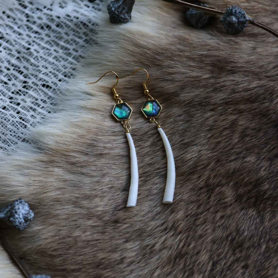Prairie Sage Beadwork Single Dentalium &amp; Abalone Earrings