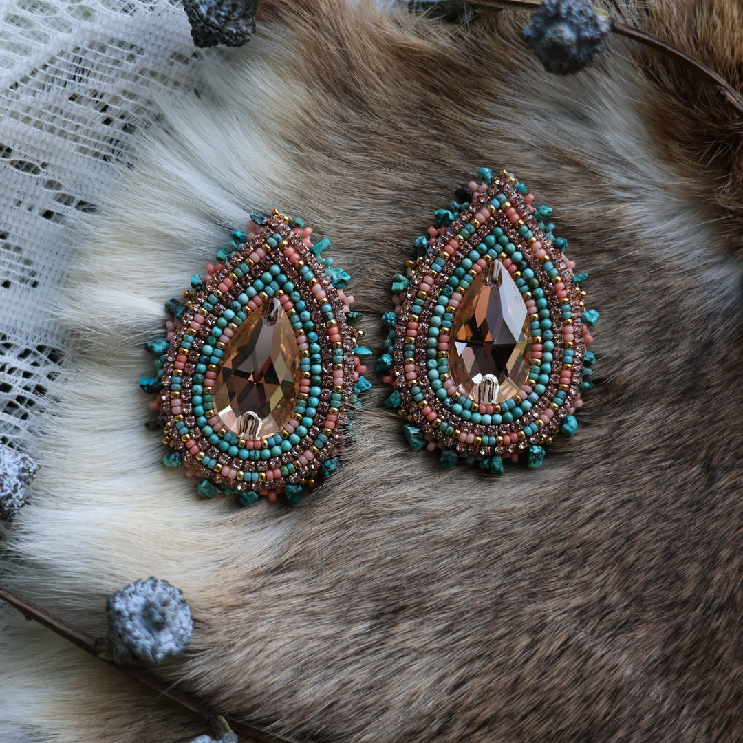 Prairie Sage Beadwork Turquoise &amp; Rose Gold Austrian Teardrop Beaded Earring