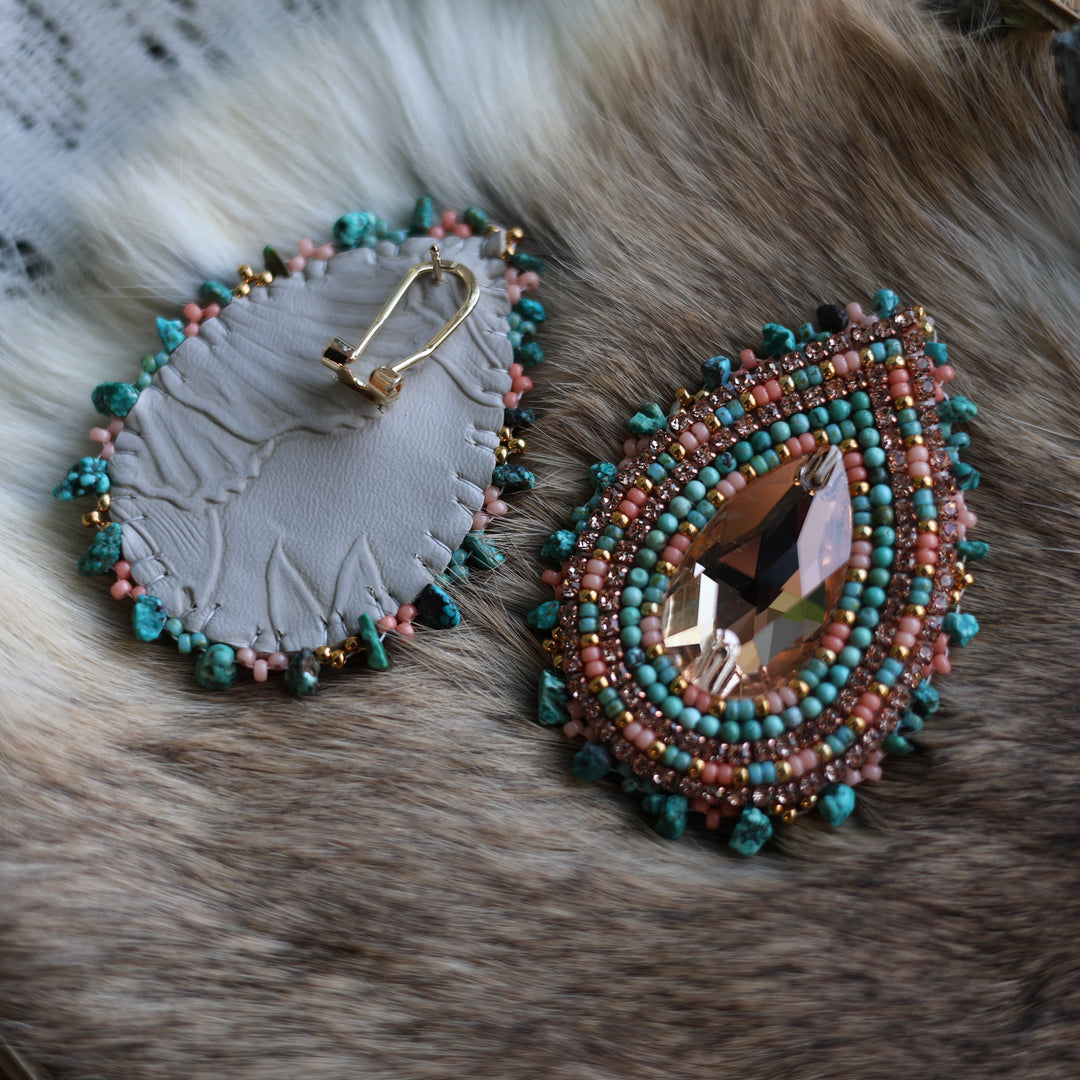 Prairie Sage Beadwork Turquoise &amp; Rose Gold Austrian Teardrop Beaded Earring
