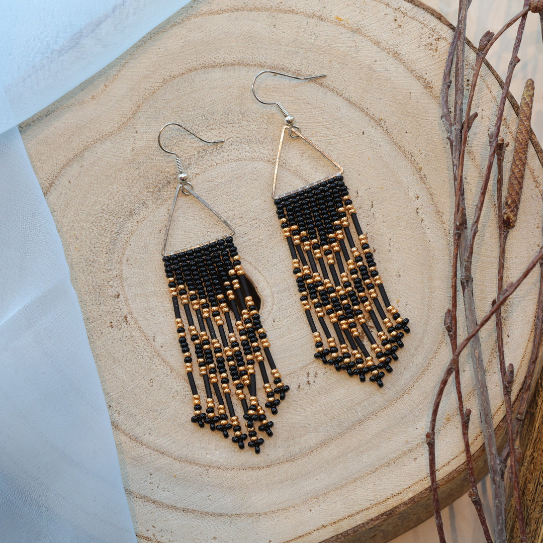 Karahkwa Black &amp; Gold Beaded Fringe Earrings