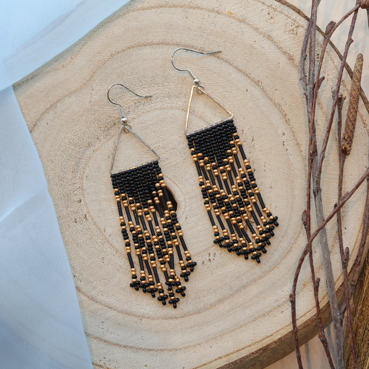 Karahkwa Black &amp; Gold Beaded Fringe Earrings
