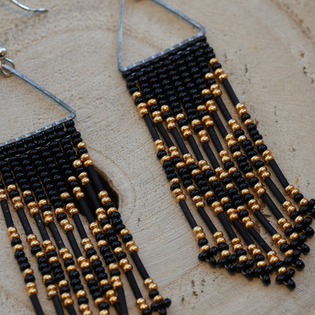Karahkwa Black &amp; Gold Beaded Fringe Earrings