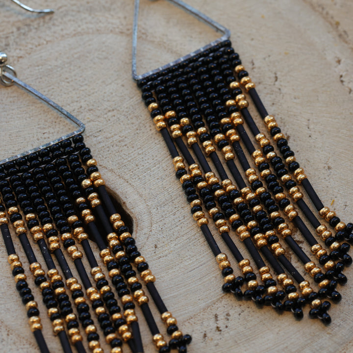 Karahkwa Black &amp; Gold Beaded Fringe Earrings
