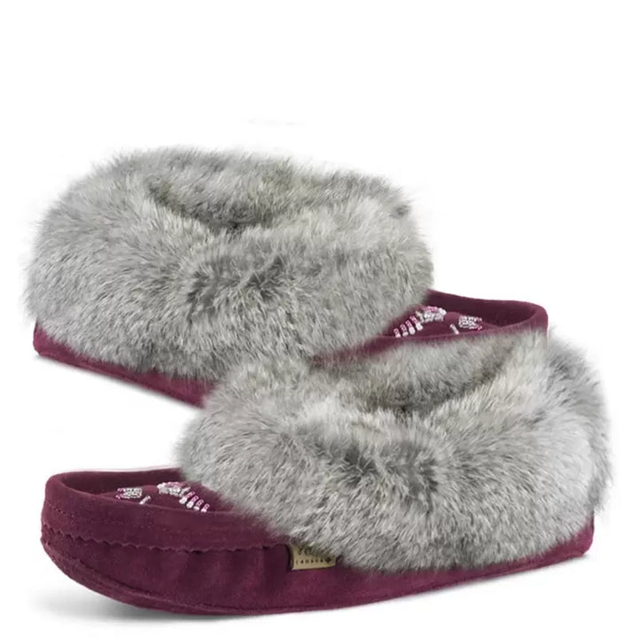 Laurentian Chief Ladies Fur Trimmed Moccasins Thunderbird Beaded Pattern