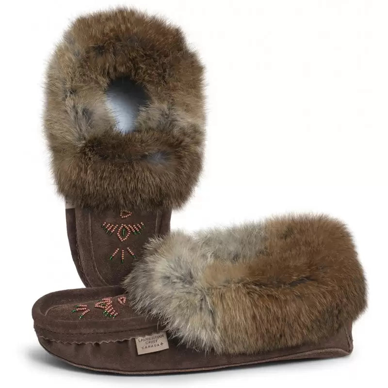 Laurentian Chief Ladies Fur Trimmed Moccasins Thunderbird Beaded Pattern