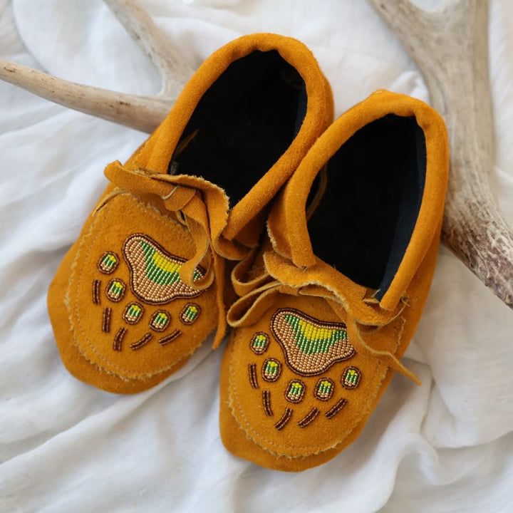 Sandra L. Women's 6 Beaded Gold Bear Paw Handmade Moccasins
