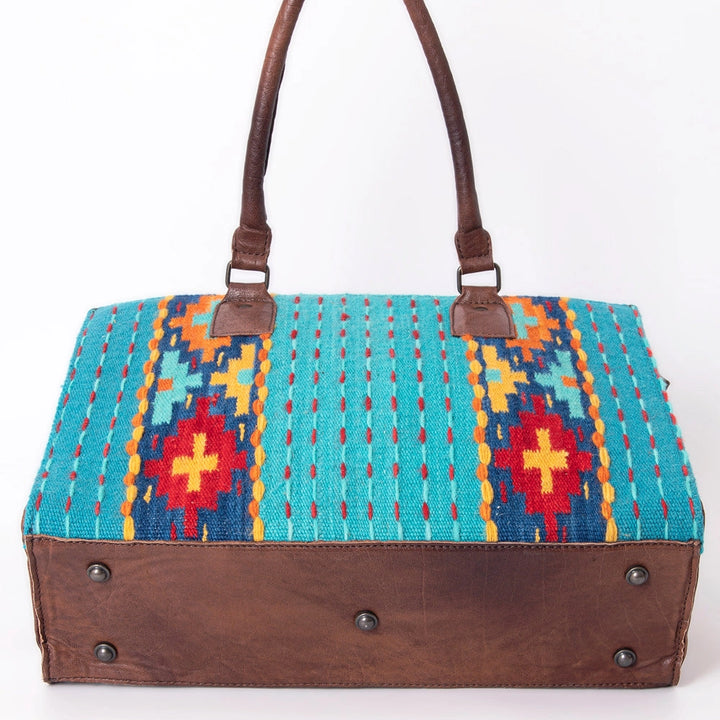 LS Western Turquoise Saddle Blanket &amp; Genuine Leather Tote Bag