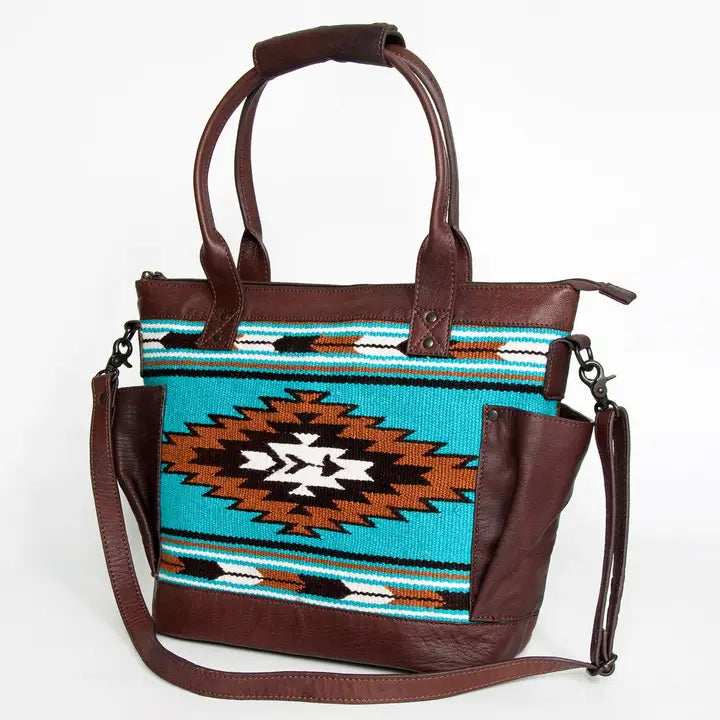 LS Western Turquoise Saddle Blanket Large Leather Tote