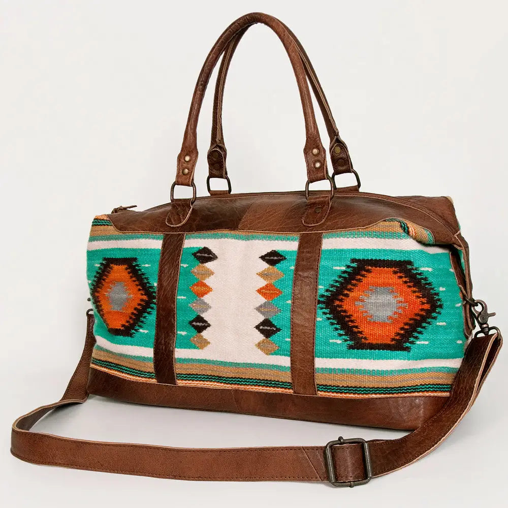 LS Western Turquoise &amp; Orange Wool &amp; Leather Duffel Bag