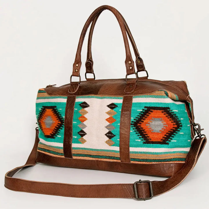 LS Western Turquoise &amp; Orange Wool &amp; Leather Duffel Bag