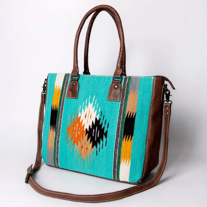 LS Western Teal Saddle Blanket Oversized Leather Tote Bag