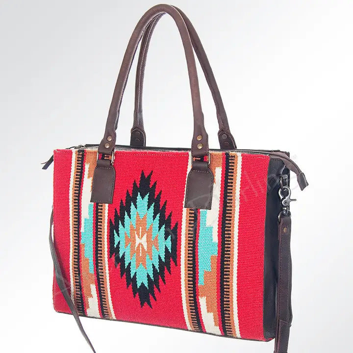 LS Western Red Saddle Blanket &amp; Genuine Leather Tote Bag