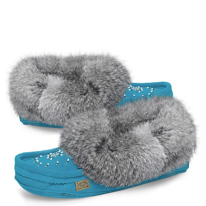 Laurentian Chief Ladies Fur Trimmed Moccasins Star Beaded Pattern