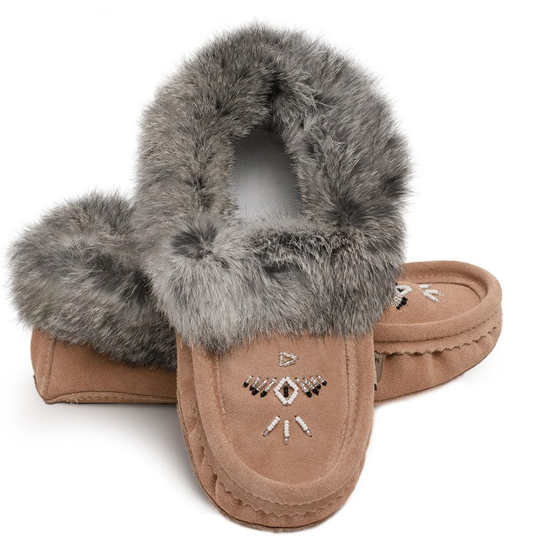 Laurentian Chief Ladies Fur Trimmed Moccasins Thunderbird Beaded Pattern
