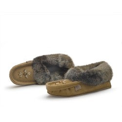 Laurentian Chief Ladies Fur Trimmed Moccasins Thunderbird Beaded Pattern