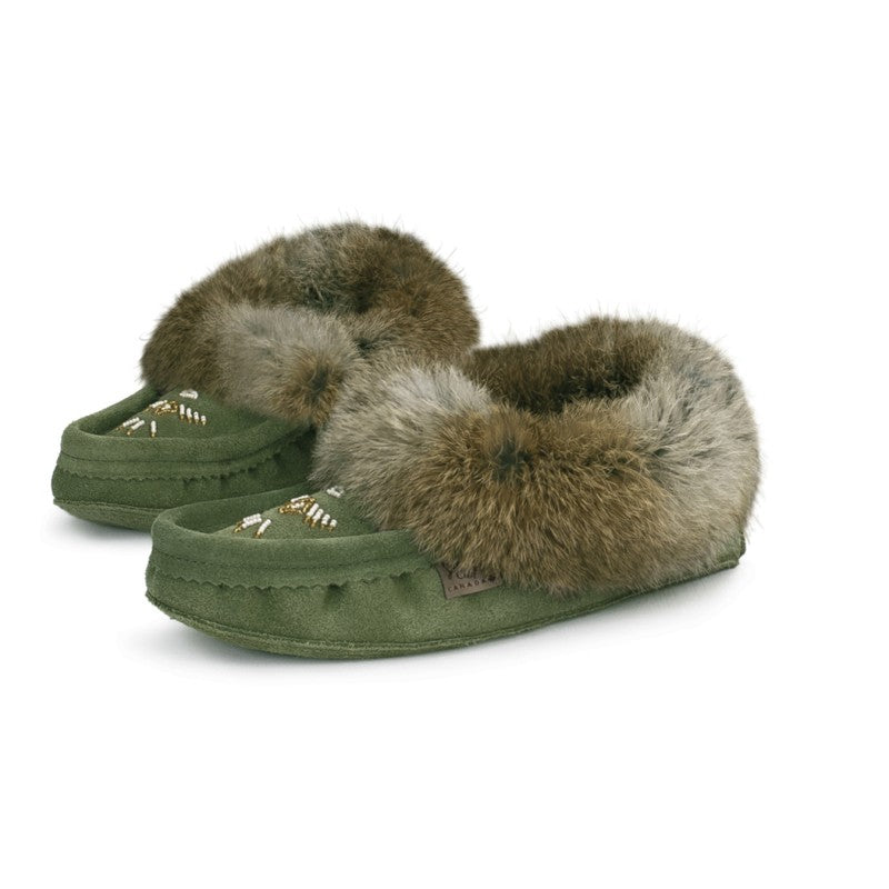 Laurentian Chief Ladies Fur Trimmed Moccasins Thunderbird Beaded Pattern