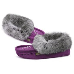 Laurentian Chief Ladies Fur Trimmed Moccasins Star Beaded Pattern