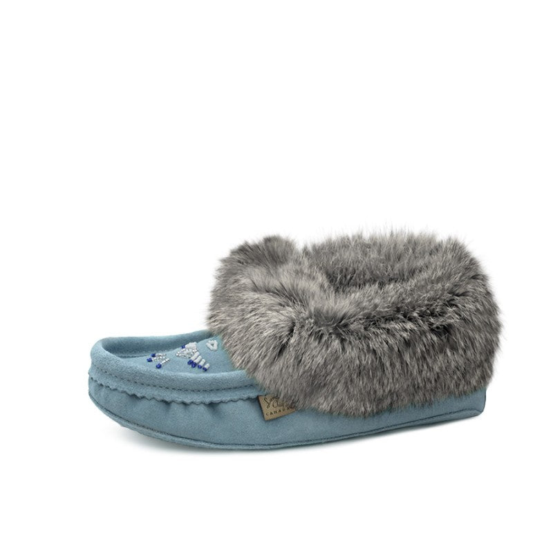 Laurentian Chief Ladies Fur Trimmed Moccasins Thunderbird Beaded Pattern