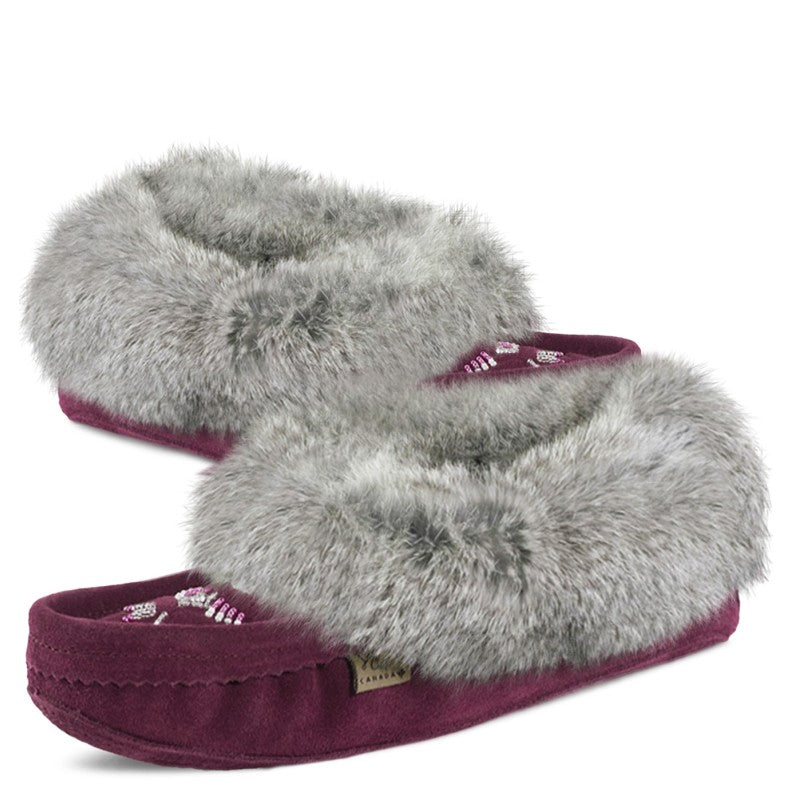 Laurentian Chief Ladies Fur Trimmed Moccasins Thunderbird Beaded Pattern