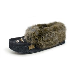 Laurentian Chief Ladies Fur Trimmed Moccasins Thunderbird Beaded Pattern