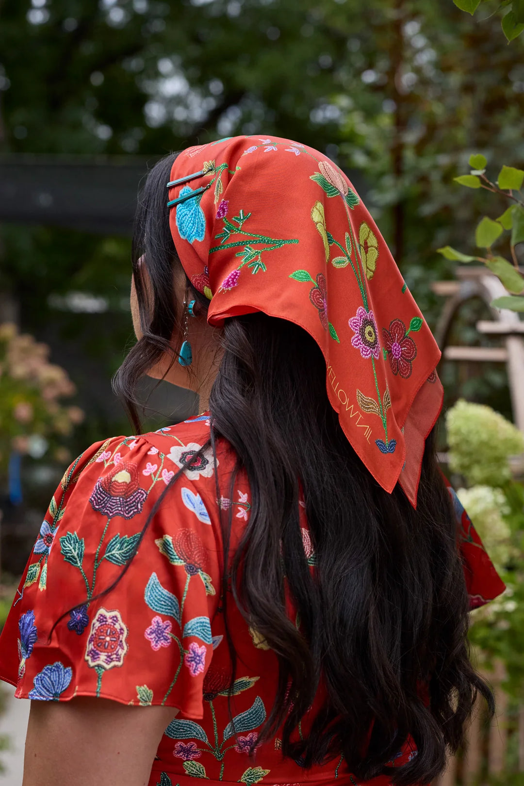 B.YELLOWTAIL Red Beaded Floral Silk Scarf