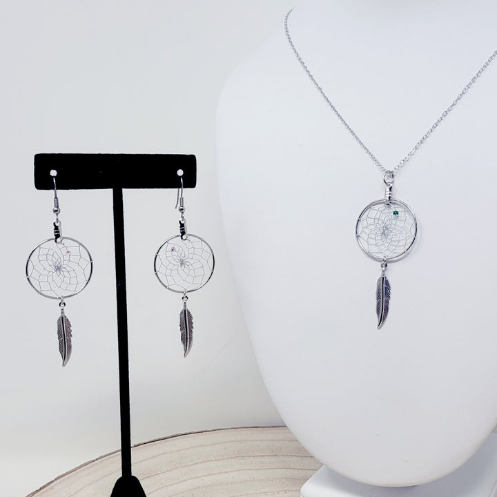 Monague 1" Dreamcatcher W/Metal Feather Earrings & Necklace