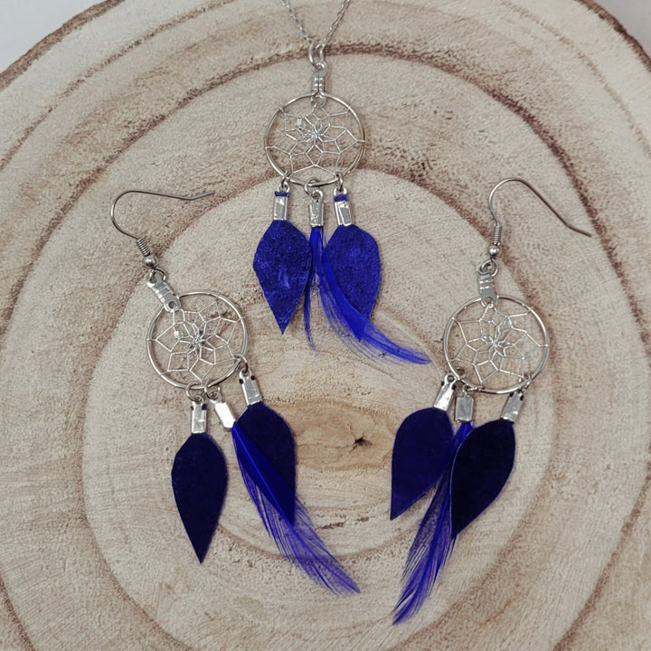 Monague Dreamcatcher Earrings & Necklace w/Leather & Feather Decorations